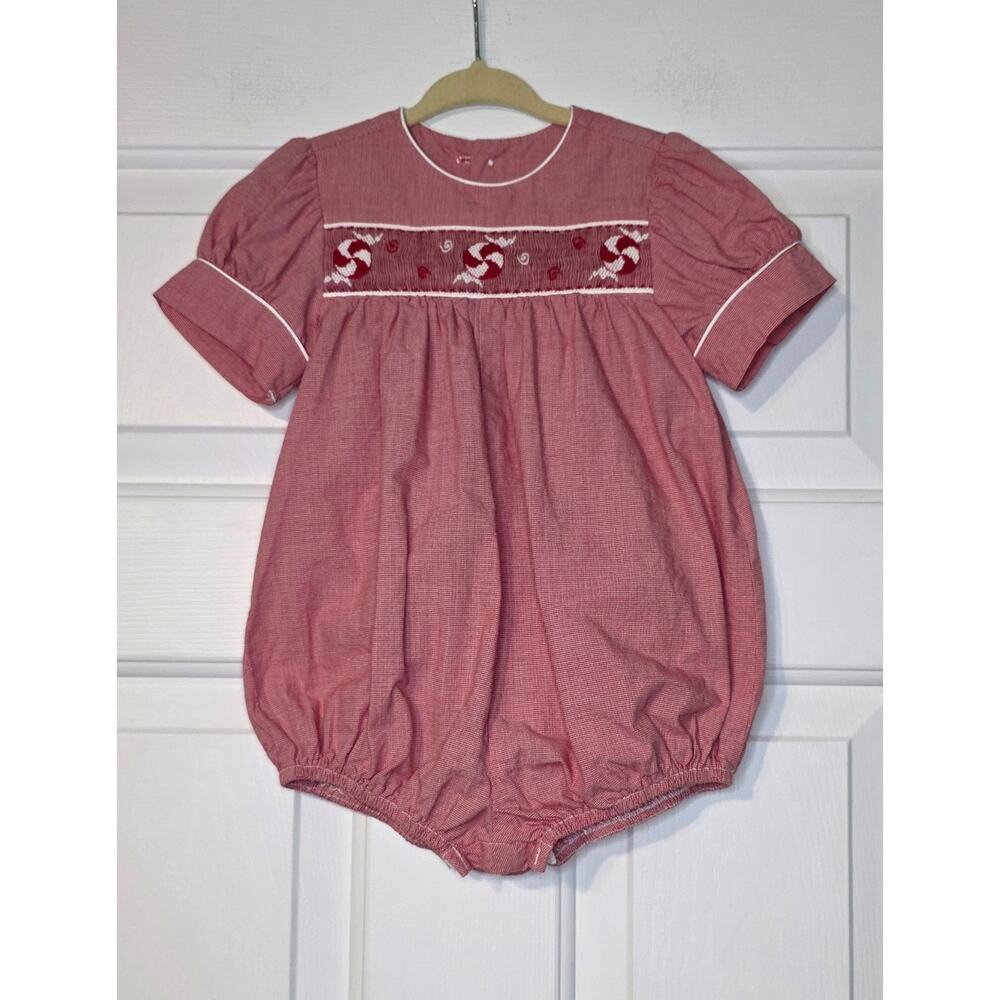 Beaux‎ Et Belles Smocked Embroidered Christmas Peppermints Bubble Romper 6 mos
